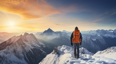 Hiker with backpacks reaches the summit of mountain peak. Success, freedom and happiness, achievement in mountains. Active sport concept.の素材