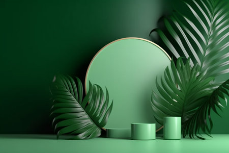 Green metallic look podium display with leaf. product presentation stage 3d renderingの素材
