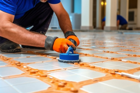 Grouting tiles with a rubber trowelの素材