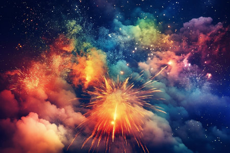 beautiful firework display set for celebration happy new year and merry christmas and fireworks on black isolated backgroundの素材