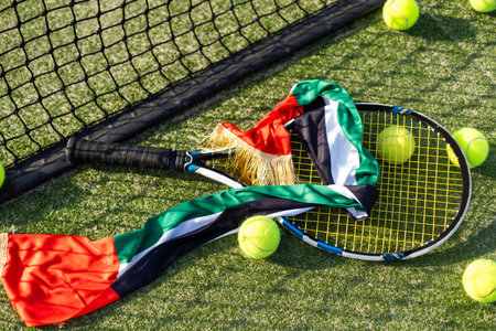 Tennis ball and racket on fresh green grass outdoorsの写真素材