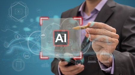 Businessman holding the holographic AI. Artificial intelligence with machine deep learning concept.の写真素材