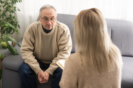 Psychology, depression people. Elderly adult man, men consulting with psychologist, psychiatrist...