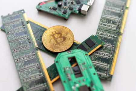 Bitcoin crypto currency coin on a circuit board mining conceptの写真素材