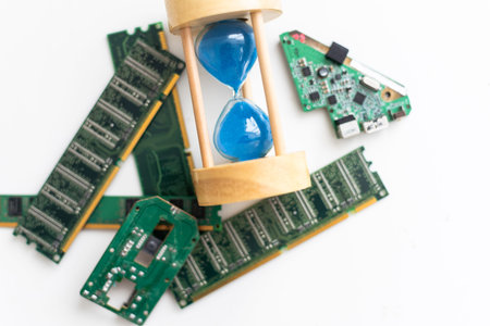 Hourglasses and old radio elements, such as radio tubes, transistors, diodes, as a symbol of a...