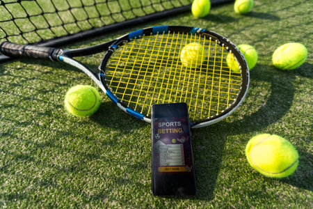 Close up of mobile phone and headphones by tennis ball with racket on black backgroundの写真素材