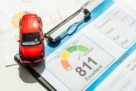 Car insurance concept. car model drive on money with insurance paper backgroundの写真素材