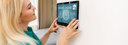 Woman at home using smart screen, automation domestic system