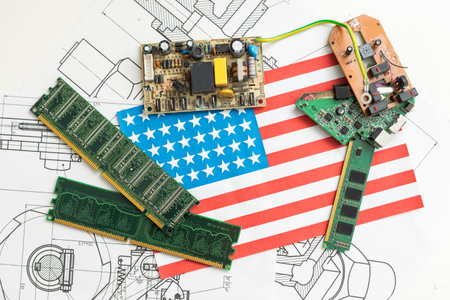 USA semiconductor industry, computer chips manufacturing and artificial intelligenceconcept. Motherboard with CPU processor in form of map of United States. 3d illustrationの写真素材