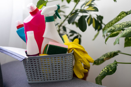 Brushes, sponges, rubber gloves and natural cleaning products in the basket. Eco-friendly cleaning productsの写真素材