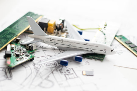 Electronic circuit board close up with airplan toy