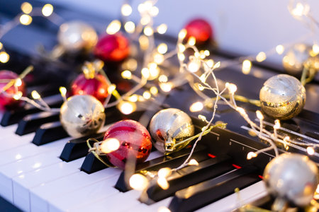 Piano with beautiful Christmas decor, closeupの写真素材