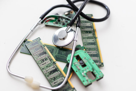 Health and Technology Stethoscope on Circuit Board greenの写真素材