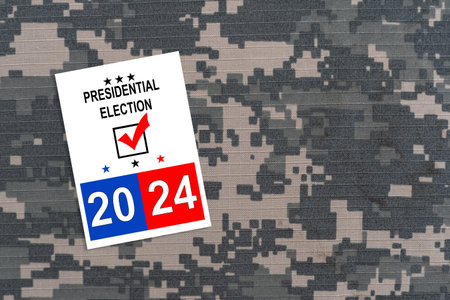Politics and voting concept. Presidential election 2024 text on white paper over the American flag...