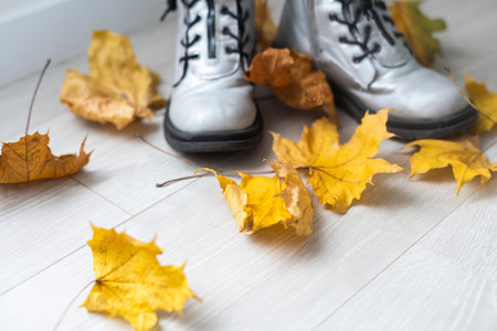Feet stepping on dry autumn leaves, on a floor