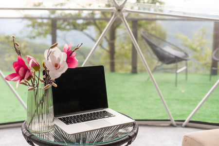 laptop in the dome campingの写真素材