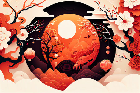 Happy Chinese New Year written in Hanzi on spring couplet with red lanterns and bokeh glittering background.の素材