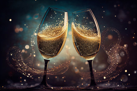 Transparent realistic two glasses of champagne and confetti, for dark background, isolated.の素材