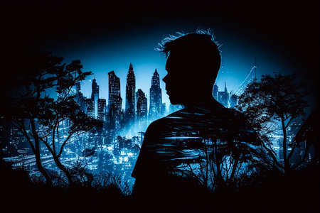 Futuristic cyberpunk illustration. Neon city background. silhouette of a man on the background of the city on the background of the shining metropolisの素材