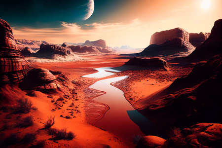Mars landscape, alien planet background, red desert surface with mountains, craters, saturn and stars shine on green sky. Martian extraterrestrial computer game backdrop, cartoon illustrationの素材