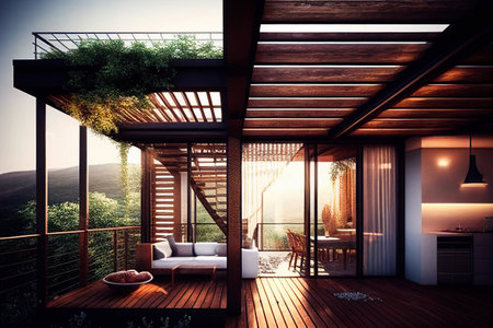 Country or village house in forest with wooden coffee table and comfortable, soft armchairs on roofed veranda or pouch cartoon illustration. Peaceful place for evening rest, relaxing outdoorsの素材