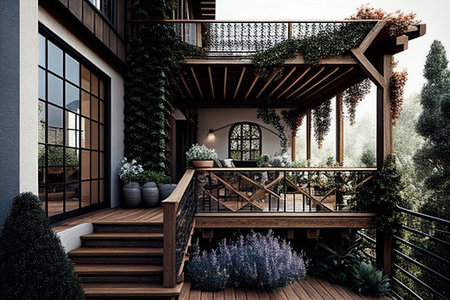 Home terrace with forest view, cozy sofa and ottoman stand on patio wooden floor with scenery nature landscape background with trees. Villa or hotel outdoor area for relax, Cartoon illustrationの素材