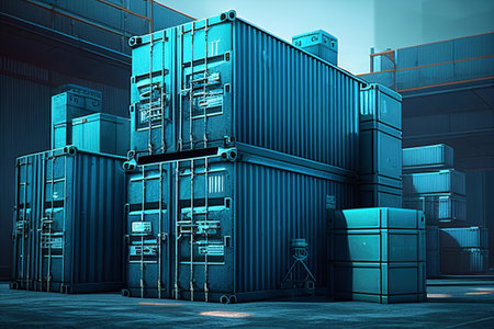Shipping containers stack illustration, flat cartoon blue large cargo containersの素材