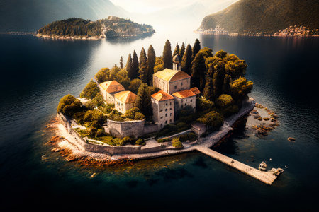 Ancient fairy tale castle on island surrounded by sea water. Cartoon illustration of summer landscape with old town houses on green hills, royal palace against mountainの素材
