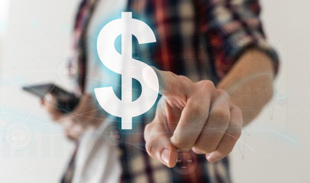 Businessman pressing button dollar web icon. Concept online cloud network.の写真素材
