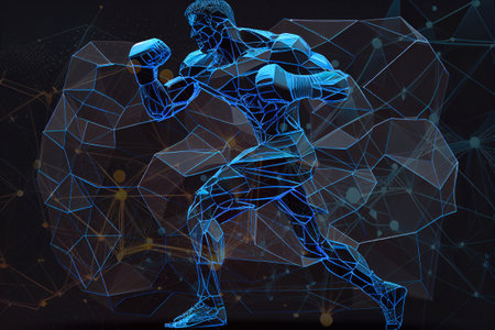Man boxer doing shadow boxing from lines, triangles and particle style design. Illustration. Generative AIの素材