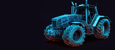 Bright mesh wheeled tractor with glare effect. White wire carcass triangular mesh in format on a black background. Abstract mesh designed with triangular lines, dots, colorful light spots. Generative AIの素材