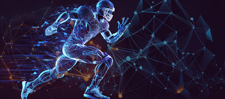 The particles and line dot of football player motion. concept of moving. suitable use for poster banner and background design. - line stroke weight editable. Generative AIの素材