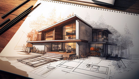 The house is in a modern style. Eco-friendly housing. Combination of wood and metal. Entrance door, panoramic windows.の素材