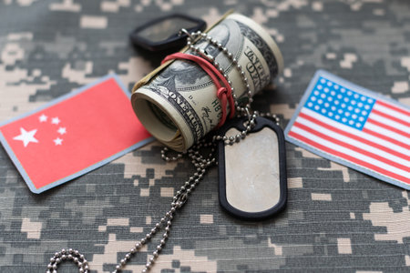 Military ID tags with USA flag on uniform backgroundの写真素材