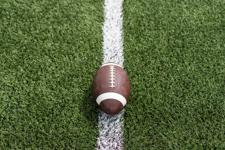 Leather football on a football fieldの写真素材