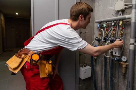 plumber installing pressure meter for house heating system