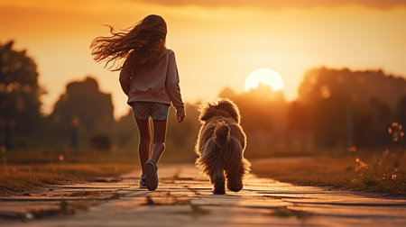 Human and a dog. Teengirl and her friend staffer dog on the field background. sunset with her lovely dog. Lifestyleの素材