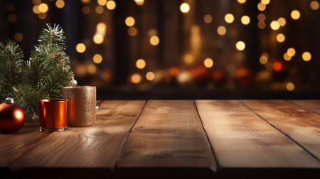 A wood table, tabletop product display with fairy lights under it and a festive Christmas background of Christmas tree and fairy lightsの素材