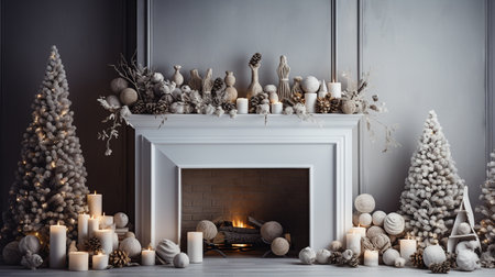 Beautiful fireplace, Christmas tree and other decorations in living room. Interior design.の素材