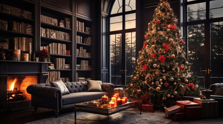 Feast of Christmas. Beautifully decorated house with a Christmas treeの素材