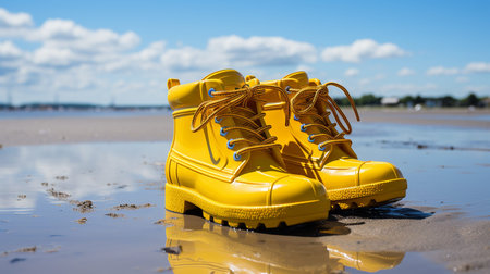 Fishermans rubber boot left on the sand at empty beach with ocean and mountain in the backgroundの素材