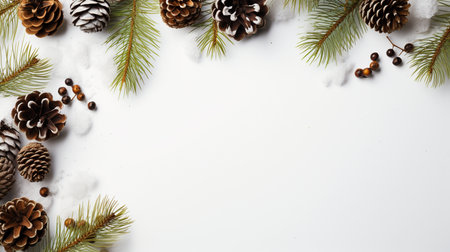 Bright Christmas frame of spruce christmas decorations on white background. Copy space. Winter holidays, New Year.の素材