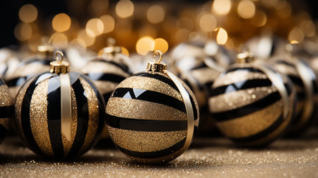 Luxury gold Christmas decorations on dark blue background. Xmas greeting card template, Happy New Year banner mockupの素材