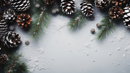 Christmas composition. Christmas knitted blanket, pine cones, fir branches on wooden white background. Flat lay, top view, copy spaceの素材
