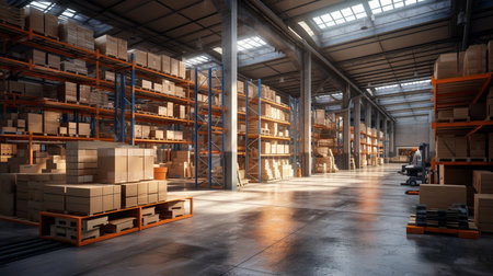 warehouse interior with shelves, pallets and boxesの素材