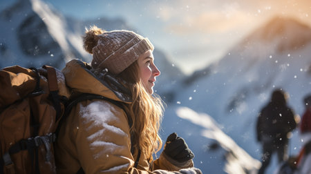 Woman traveler in snow Winter landscapeの素材