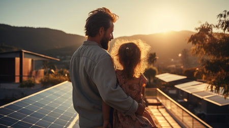 dad holding her little girl in arms and showing at their house with installed solar panels. Alternative energy, saving resources and sustainable lifestyle concept.の素材