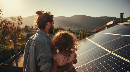 dad holding her little girl in arms and showing at their house with installed solar panels. Alternative energy, saving resources and sustainable lifestyle concept.の素材