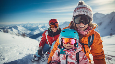 Happy family in winter clothing at the ski resort, winter time, watching at mountainsの素材