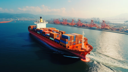 Logistics and transportation of International Container Cargo ship in the ocean at twilight sky, Freight Transportation, Shippingの素材